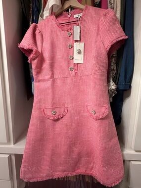 Likely Pink Tweed Mini Dress with Decorative Buttons